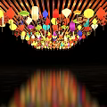 Colorful Hanging Lanterns with Various Colors Shapes and Floor Reflection on Black Background