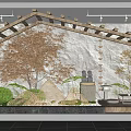 Showcase Window Featuring Wooden Frame Rock Background Decorative Trees And Sculpture