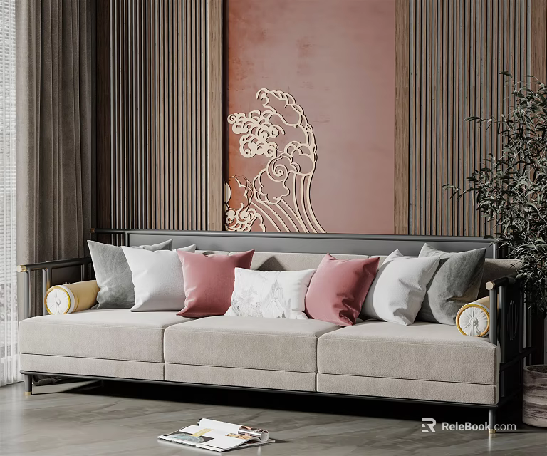 Light Gray Three Seater Sofa with Pink White Gray and Yellow Cushions and Wooden Striped Wall 3d model 