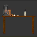 Wooden Table Setup With Kerosene Lamp Open Box Bottle Tools And Papers