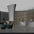 Hotel Public Lounge Area Featuring Wooden Wall Chandelier Blue Sofas Green Plants And Reception Desks
