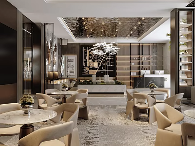 Modern Sales Office Interior Design With Luxury Chandelier Sofa And Marble Tables 3d model