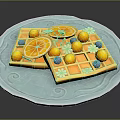 Delicious Waffles on Blue Plate with Orange Slices Blueberries and Yellow Fruits and Flower Decorations