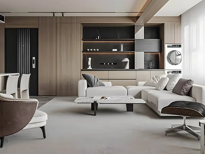 Modern Living and Dining Area With White Sofa Coffee Table and Dining Chairs 3d model