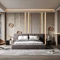 Modern Bedroom Interior Design With Grey Bed Accent Chair Striped Bedhead Wall And Decorative Mirrors