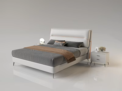 Modern Double Bed With White Headboard Gray Bedspread Brown Blanket And Nightstand Lamp 3d model