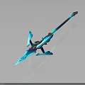 Blue Metallic Spear Weapon With Ornamental Blade And Long Decorative Handle