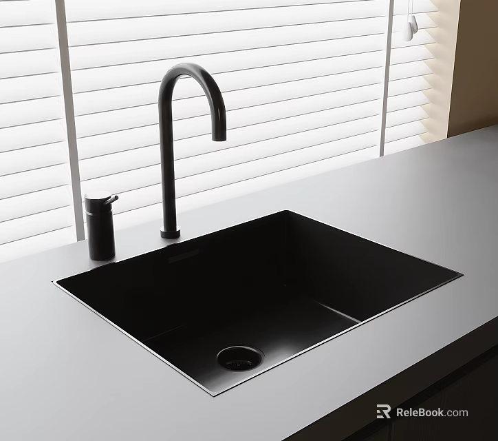 Black Kitchen Sink With Modern Faucet On Light Countertop By White Blinds 3d model 