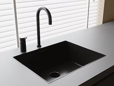 Black Kitchen Sink With Modern Faucet On Light Countertop By White Blinds 3d model