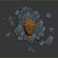Orange Spiky Object On Blue Ice Like Platform With Scattered Blue Blocks