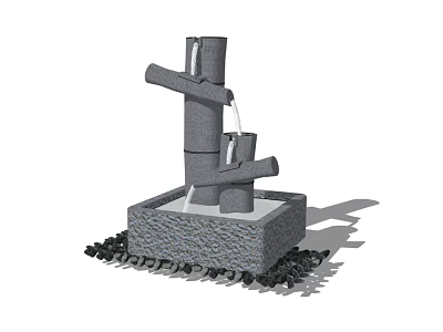 Stone Garden Ornament Fountain with Flowing Water Square Base and Surrounding Pebbles 3d model