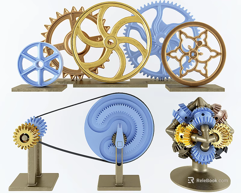 Decorative Gear Ornament Set with Blue Gold Brown Mechanical Gears for Home Office Decor 3d model 