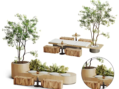 Outdoor Table Surrounded by Trees Green Plants and Wooden Stools in Natural Setting 3d model