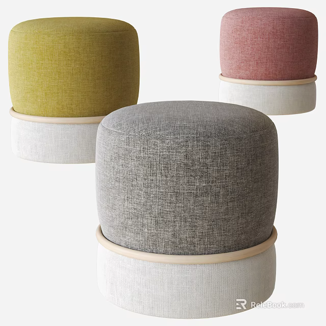 Colorful Fabric Ottomans Featuring Yellow Gray Pink Upholstery And White Wooden Base 3d model 