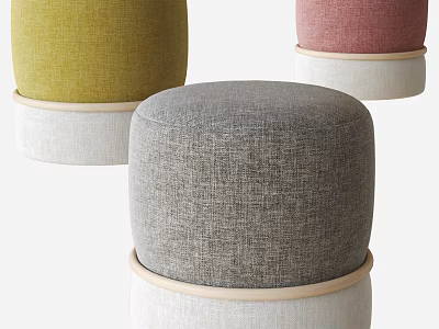 Colorful Fabric Ottomans Featuring Yellow Gray Pink Upholstery And White Wooden Base 3d model