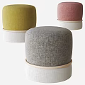 Colorful Fabric Ottomans Featuring Yellow Gray Pink Upholstery And White Wooden Base