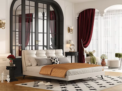 Elegant White Double Bed In Bedroom With Red Curtains Black White Rug Side Table And Lamps 3d model