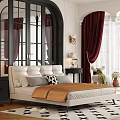 Elegant White Double Bed In Bedroom With Red Curtains Black White Rug Side Table And Lamps