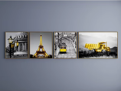 Four Landscape Paintings Featuring Golden Eiffel Tower Yellow Tram Truck And Street Lamp 3d model