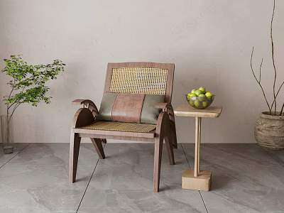 Modern Living Room Wooden Lounge Chair With Rattan Backrest Side Table Green Plants And Fruits 3d model