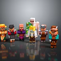 Multiple Male Characters In Minecraft Inspired Pixel Art Standing On Dark Reflective Surface 3d model