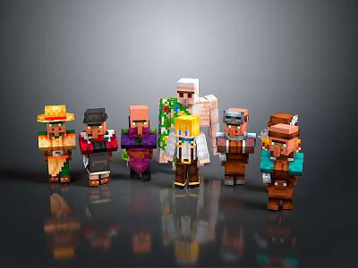 Multiple Male Characters In Minecraft Inspired Pixel Art Standing On Dark Reflective Surface 3d model