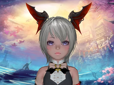 Game Movie Character Silver Short Hair Purple Eyes Red Demon Horns Cherry Blossom Background 3d model