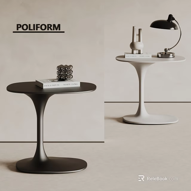 Modern Minimalist Side Tables With Curved Bases And Decorative Items In Black And White 3d model 