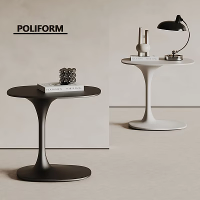 Modern Minimalist Side Tables With Curved Bases And Decorative Items In Black And White 3d model