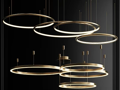 Modern Circular Ring Chandeliers Hanging With Soft Warm Lighting And Metallic Frames 3d model