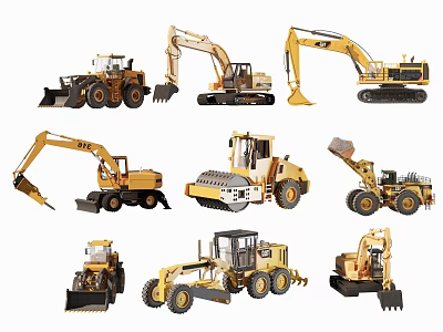 Diverse Construction Vehicles Collection Featuring Excavators Bulldozers Road Rollers And Loaders 3d model