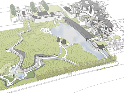 Traditional Chinese Garden Landscape Design With Winding Paths Pond Bridge And Green Grassland 3d model