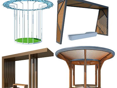 Various Outdoor Pavilion Designs Featuring Wooden Structures Metal Frames And Seats 3d model