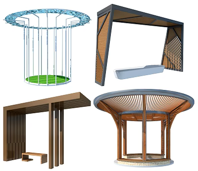 Various Outdoor Pavilion Designs Featuring Wooden Structures Metal Frames And Seats 3d model