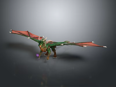 3D Mythical Dragon Character With Green Body Red Wings and Horns Standing in Dark Background 3d model