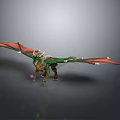 3D Mythical Dragon Character With Green Body Red Wings and Horns Standing in Dark Background