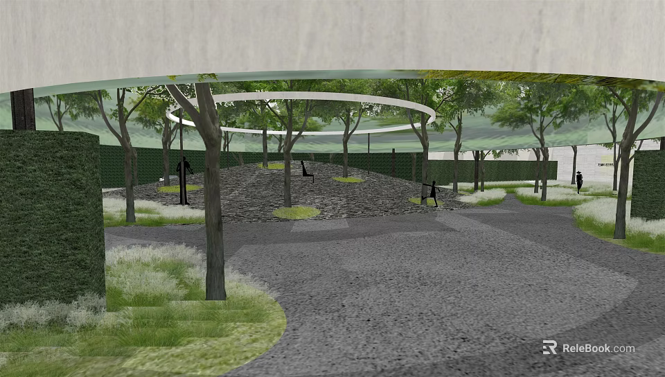 Garden Landscape Design With Circular Arch Trees Gravel Path And Grass Areas 3d model 