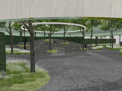 Garden Landscape Design With Circular Arch Trees Gravel Path And Grass Areas 3d model