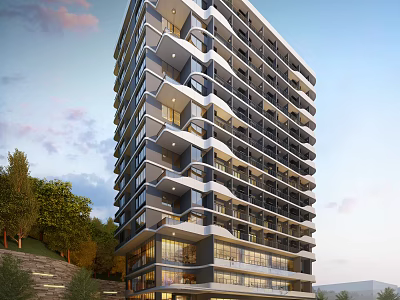Modern High Rise Residential Building With Curved Balconies Surrounded by Trees and Sunset Sky 3d model