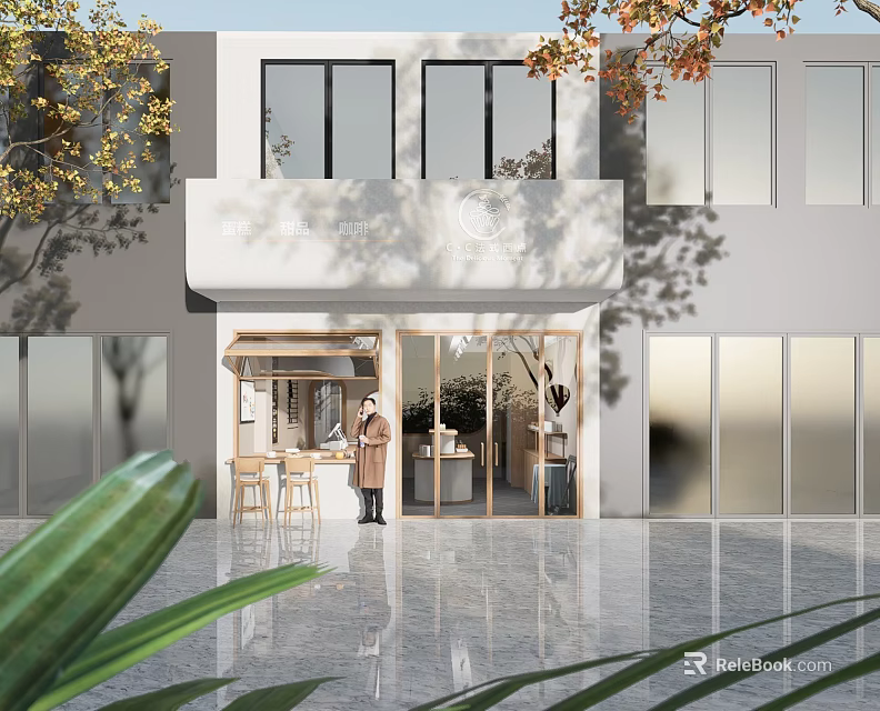Modern Storefront Design with Glass Doors Awning Tables Chairs Green Plants and Large Windows 3d model 