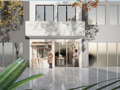 Modern Storefront Design with Glass Doors Awning Tables Chairs Green Plants and Large Windows 3d model