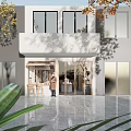 Modern Storefront Design with Glass Doors Awning Tables Chairs Green Plants and Large Windows