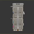 Modern Style Tall Building with Blue Vertical Decorations Multiple Floors and Illuminated Top Bottom Entrance Design