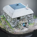 Traditional Stone Cottage Model With Slate Roof Blue Door Chimney And Greenery