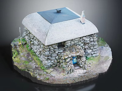 Traditional Stone Cottage Model With Slate Roof Blue Door Chimney And Greenery 3d model