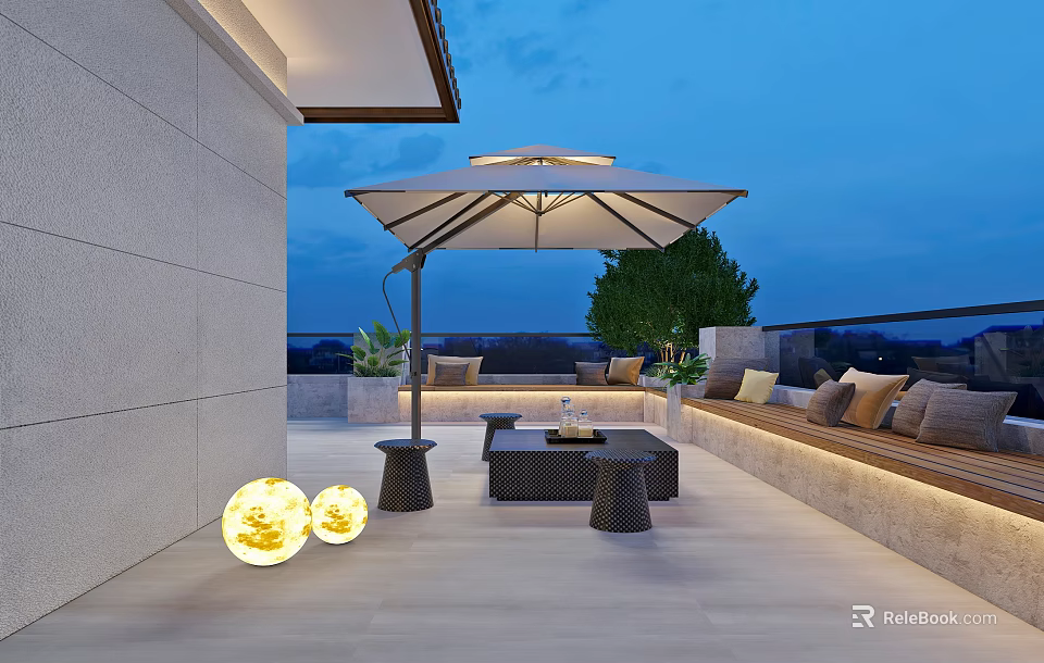 Modern Outdoor Terrace Lounge Area With Umbrella Sofa Coffee Table Plants And Lighting 3d model 