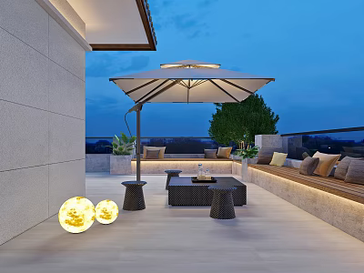 Modern Outdoor Terrace Lounge Area With Umbrella Sofa Coffee Table Plants And Lighting 3d model