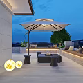 Modern Outdoor Terrace Lounge Area With Umbrella Sofa Coffee Table Plants And Lighting