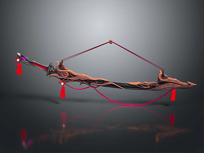 Artistic Ornate Traditional Bow Weapon With Intricate Carvings And Red Tassels 3d model