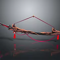Artistic Ornate Traditional Bow Weapon With Intricate Carvings And Red Tassels